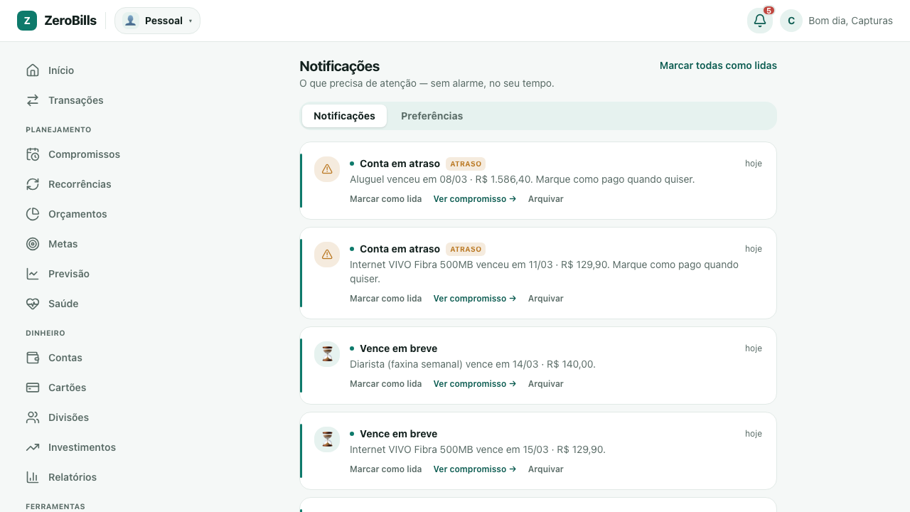 Central de notificações com as abas Notificações e Preferências e a lista de avisos, os não lidos destacados, cada um com o atalho para o assunto e os botões Marcar como lida e Arquivar