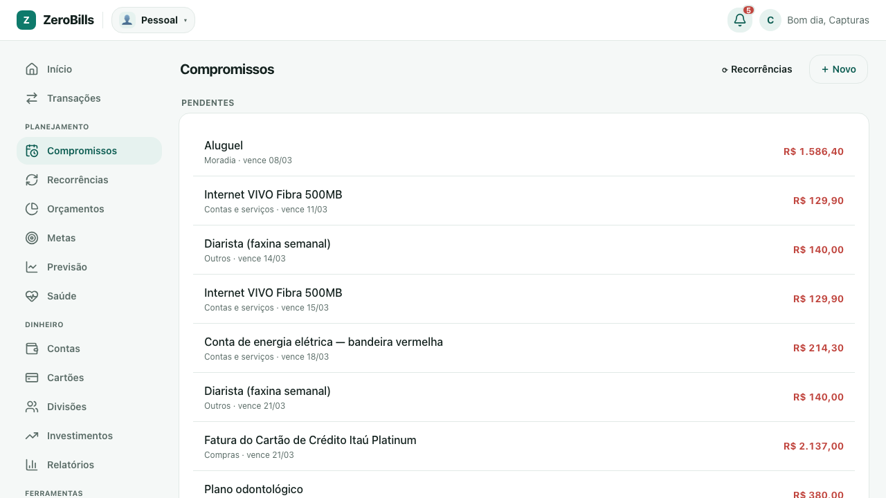 Lista de compromissos pendentes, cada um com categoria, dia de vencimento e valor — despesas em vermelho e o salário em verde