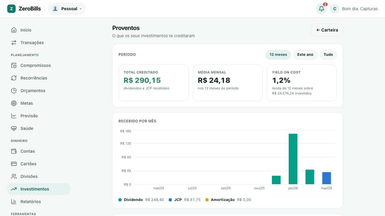 Tela de proventos com total creditado, média mensal, yield on cost e o gráfico mês a mês por natureza