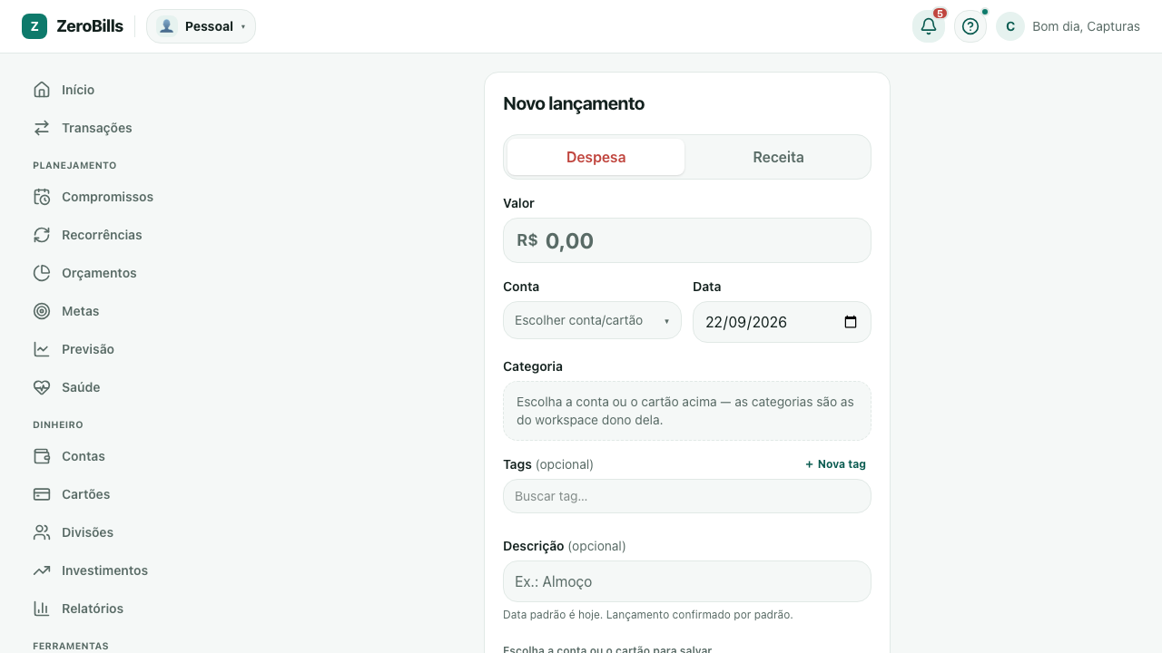 Formulário de novo lançamento, em branco, com o seletor despesa/receita, valor, conta, data, categoria, tags e descrição