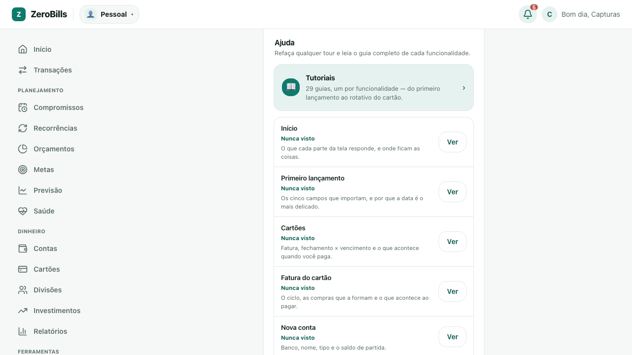 Seção Ajuda em Perfil e ajustes, com um card para os tutoriais e a lista de tours, cada um marcado como nunca visto e com um botão Ver ao lado